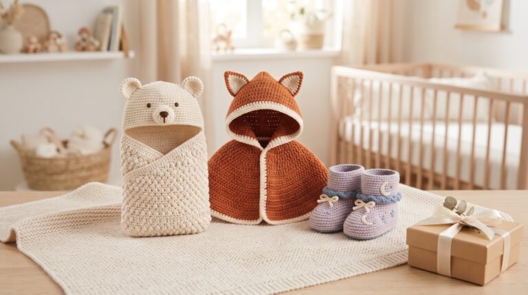 Cute crochet baby gift ideas featuring a polar bear cocoon, fox hooded cape and moon and stars baby booties