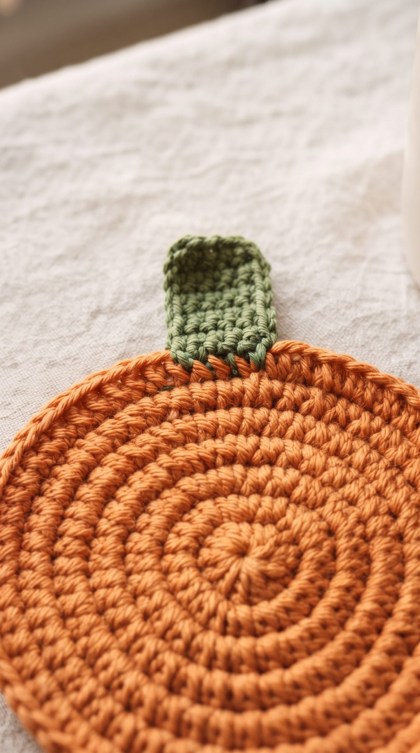 Small green crochet stem sewn to the edge of an orange pumpkin coaster.