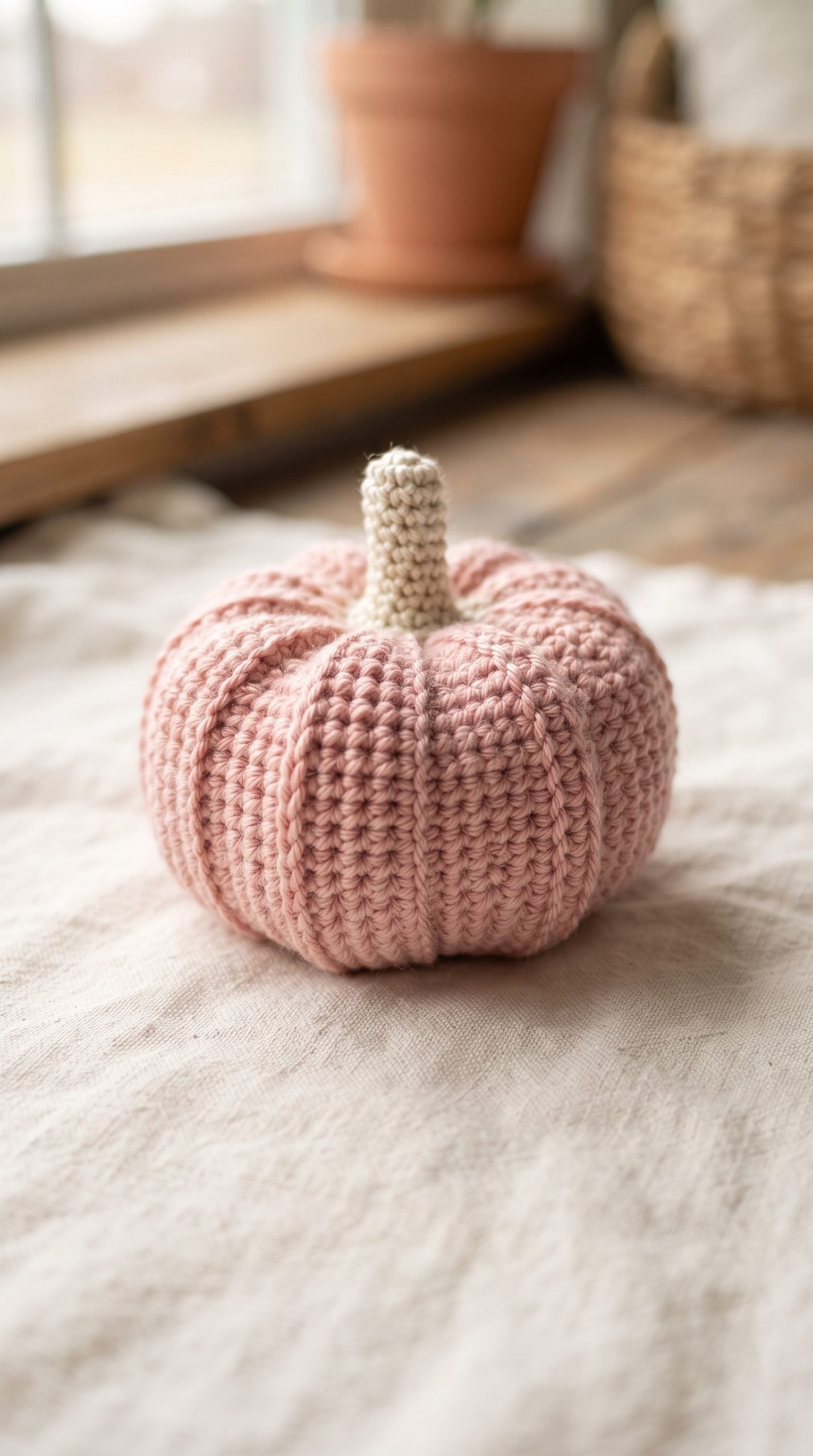 Cream crochet stem sewn onto a small ribbed pink pumpkin.