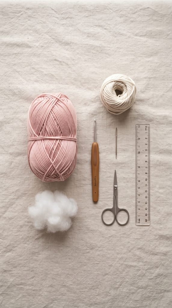 Yarn, crochet tools, and stuffing for a beginner crochet pumpkin.