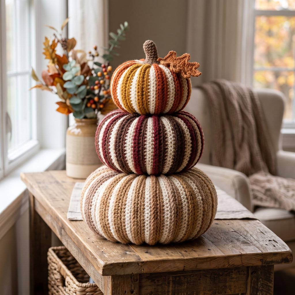 Free crochet pumpkin stack pattern with three striped fall pumpkins