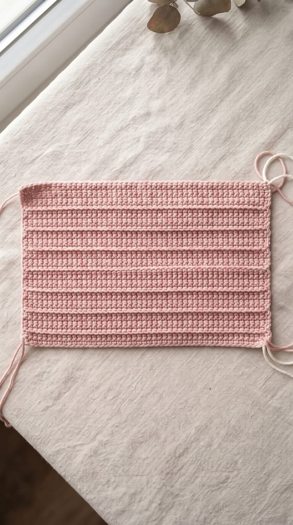 Pink ribbed crochet rectangle before sewing the pumpkin body.