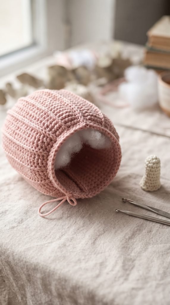 Pink crochet pumpkin body with an open top and soft stuffing inside.