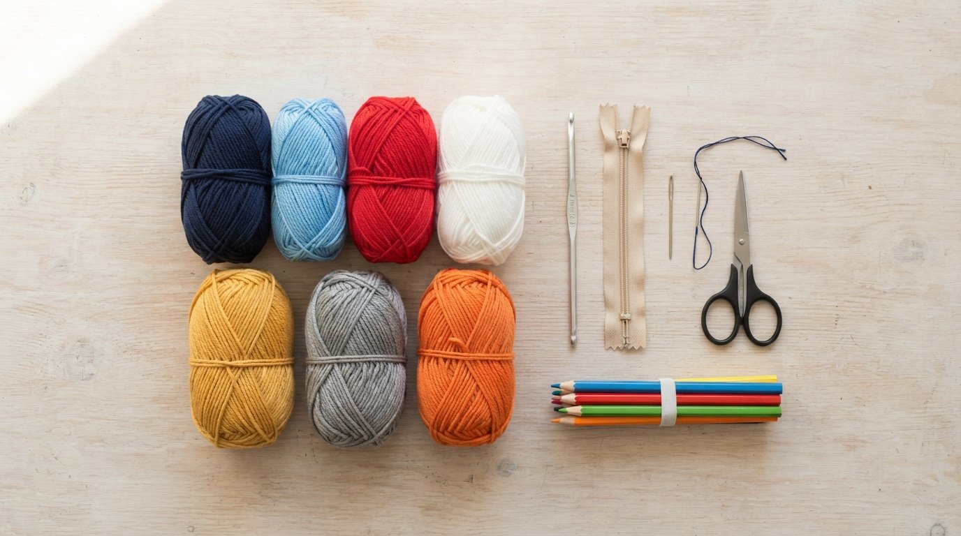 Materials for a colorful rocket crochet pencil case pattern