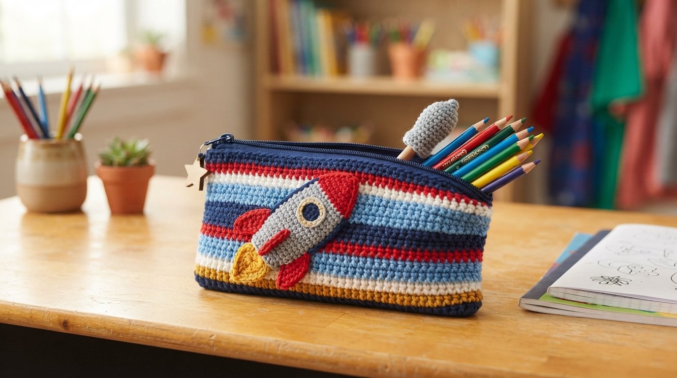 Crocheting striped panels for a rocket pencil case