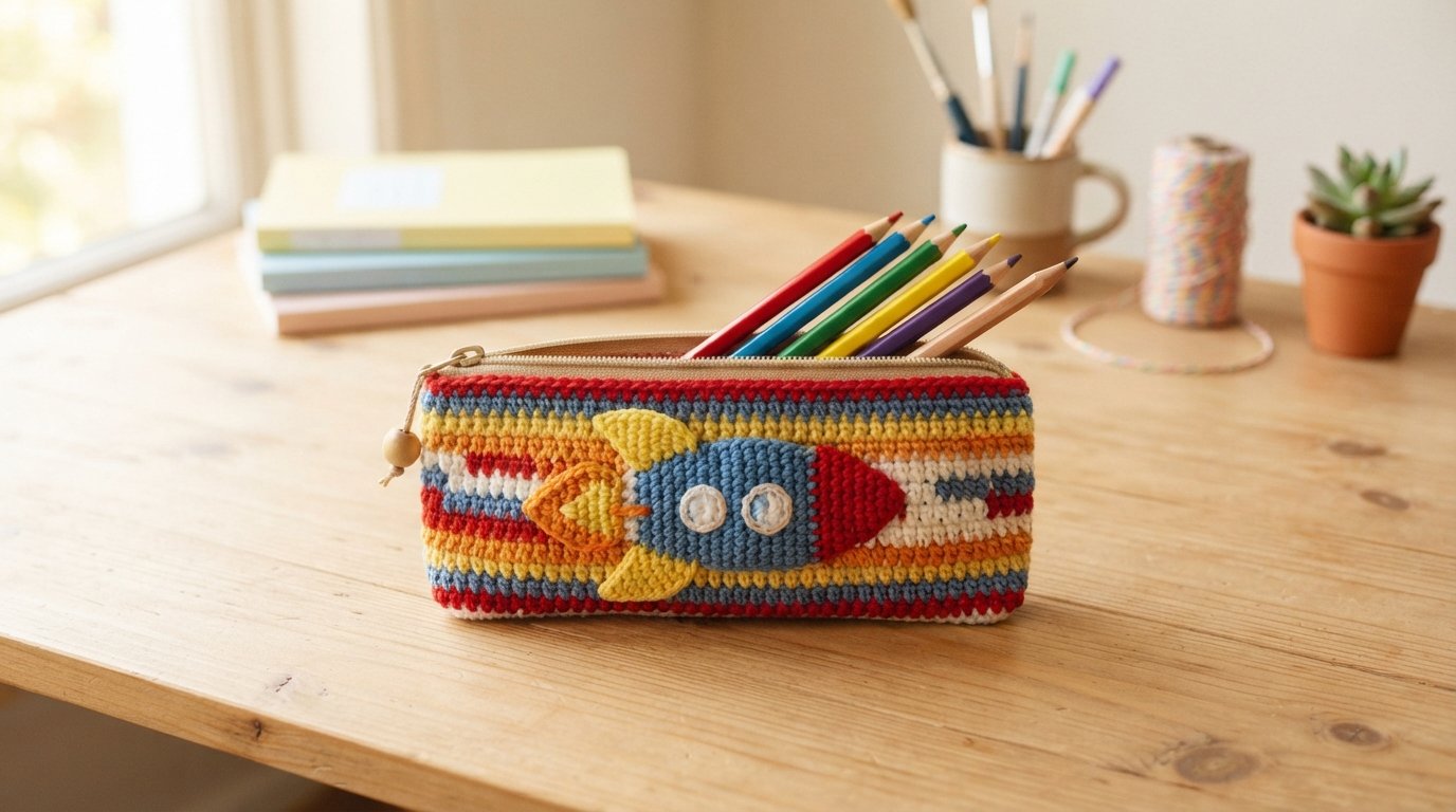Close-up of the rocket applique and zipper on a crochet pencil pouch