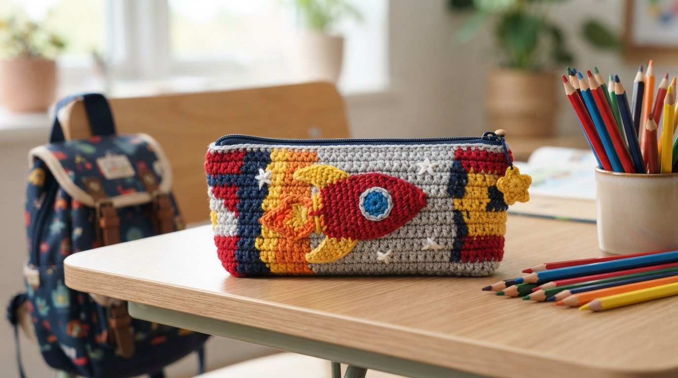 Colorful rocket crochet pencil pouch filled with pencils on a school desk