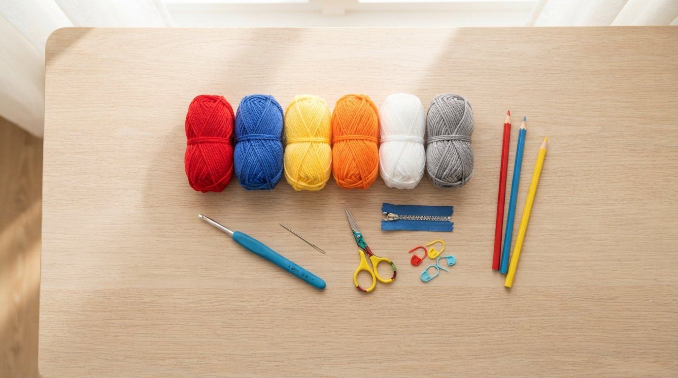 Crochet materials for a colorful rocket pencil pouch pattern