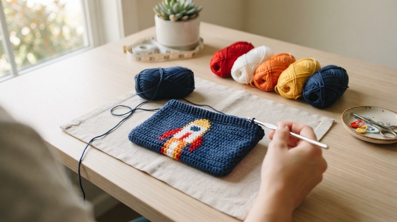Work in progress crochet panel for a rocket pencil pouch