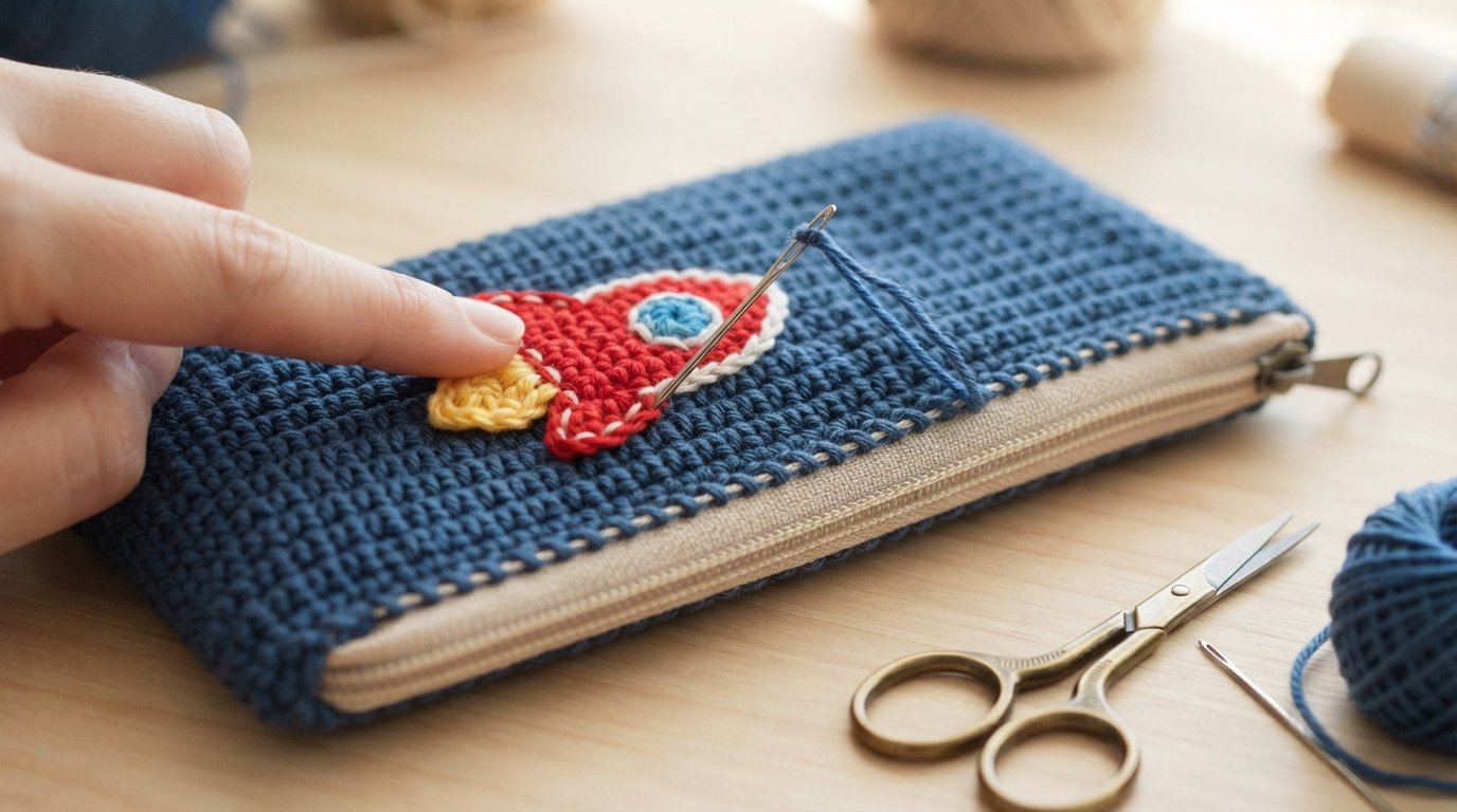 Sewing a zipper onto a crochet rocket pencil pouch
